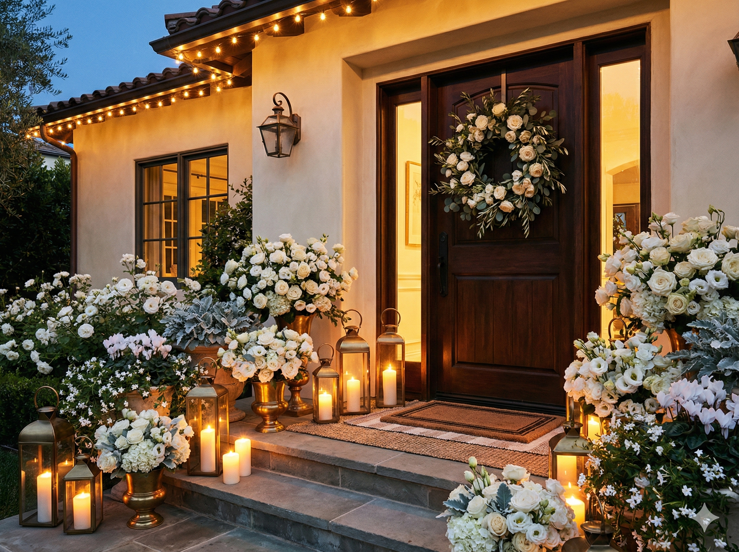 Elegantly styled front porch with seasonal decor