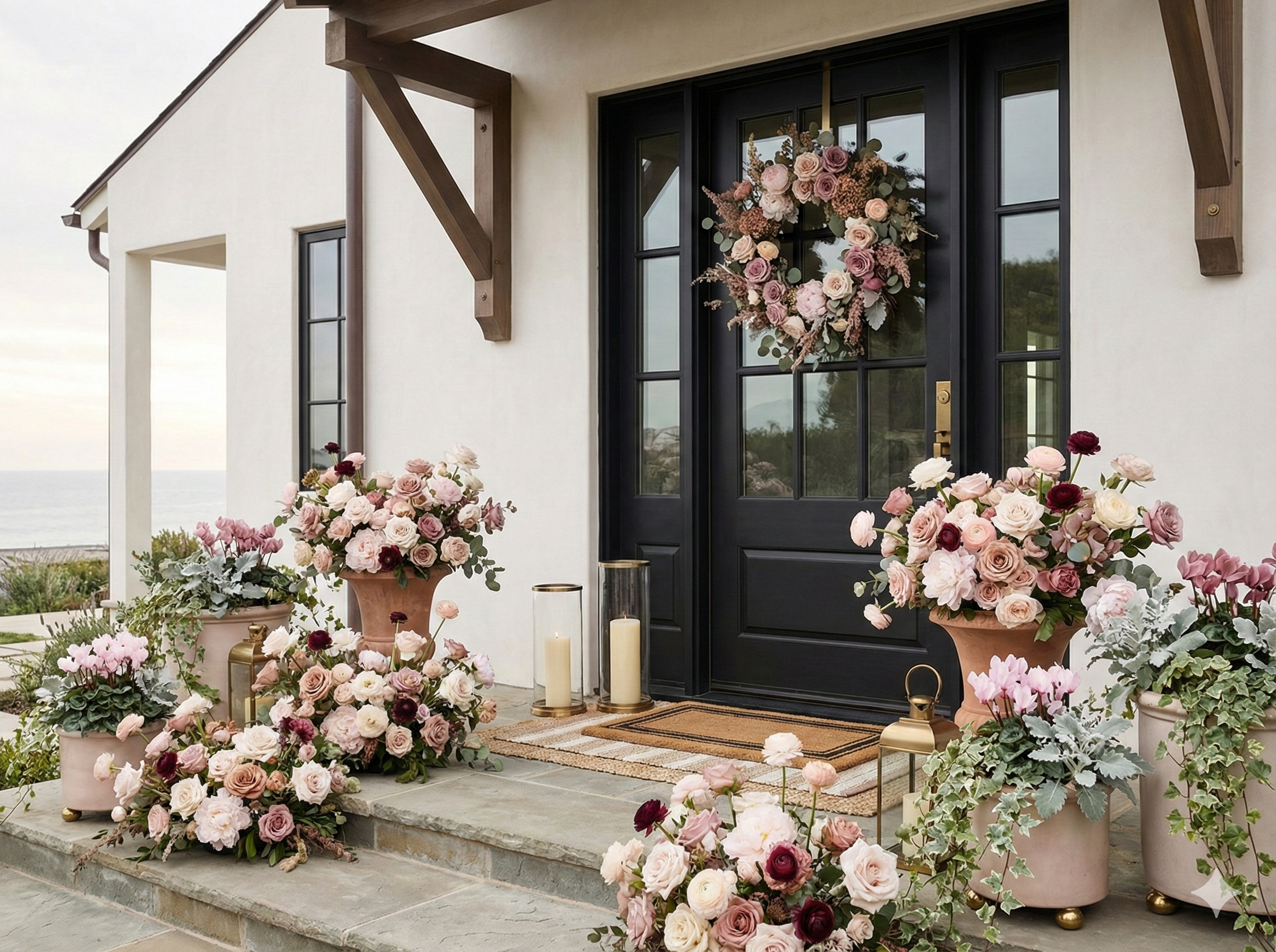 Romantic Valentine's Day porch styling with roses and elegant lanterns
